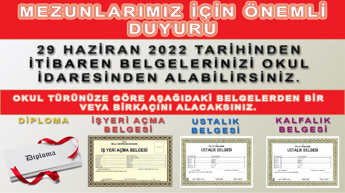 2021-2022 Mezunlarının Dikkatine! Diplomalar, İş yeri Açma Belgeleri, Ustalık ve Kalfalık Belgeleri Hazır